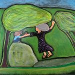 Child sharing an apple with imaginary friend. Emily Sabino Maine Painter